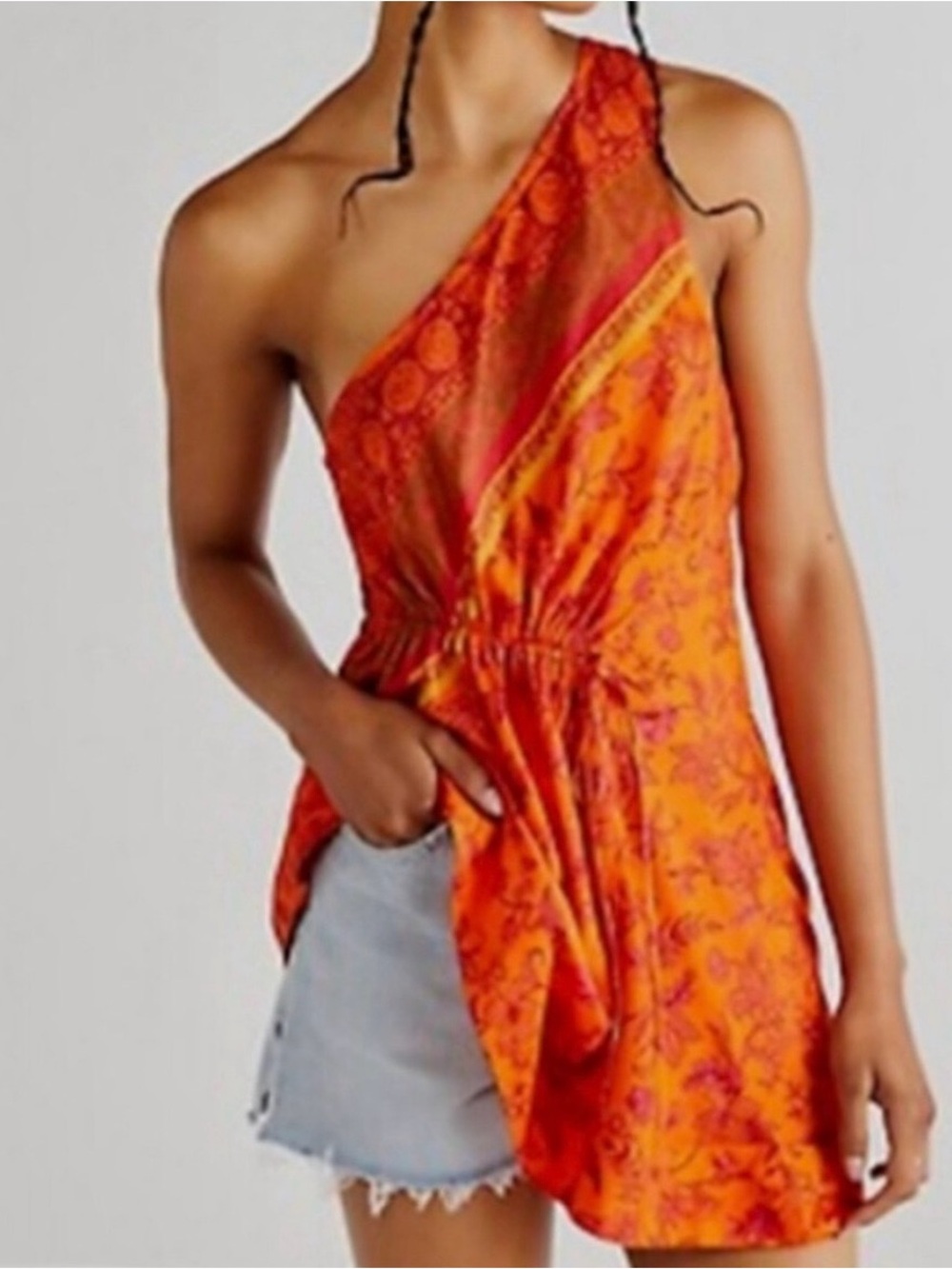 Free People One-Shoulder Orange Floral Tunic